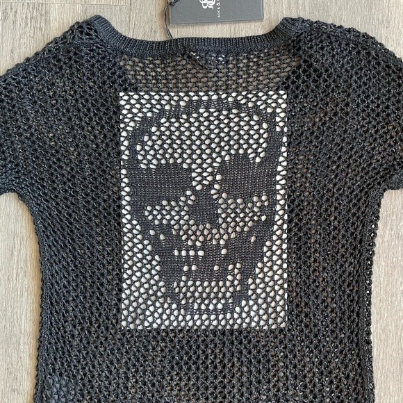 Rock & Republic Open Weave V Neck Hi Lo Skull Back Sweater XS Black - Picture 10 of 12